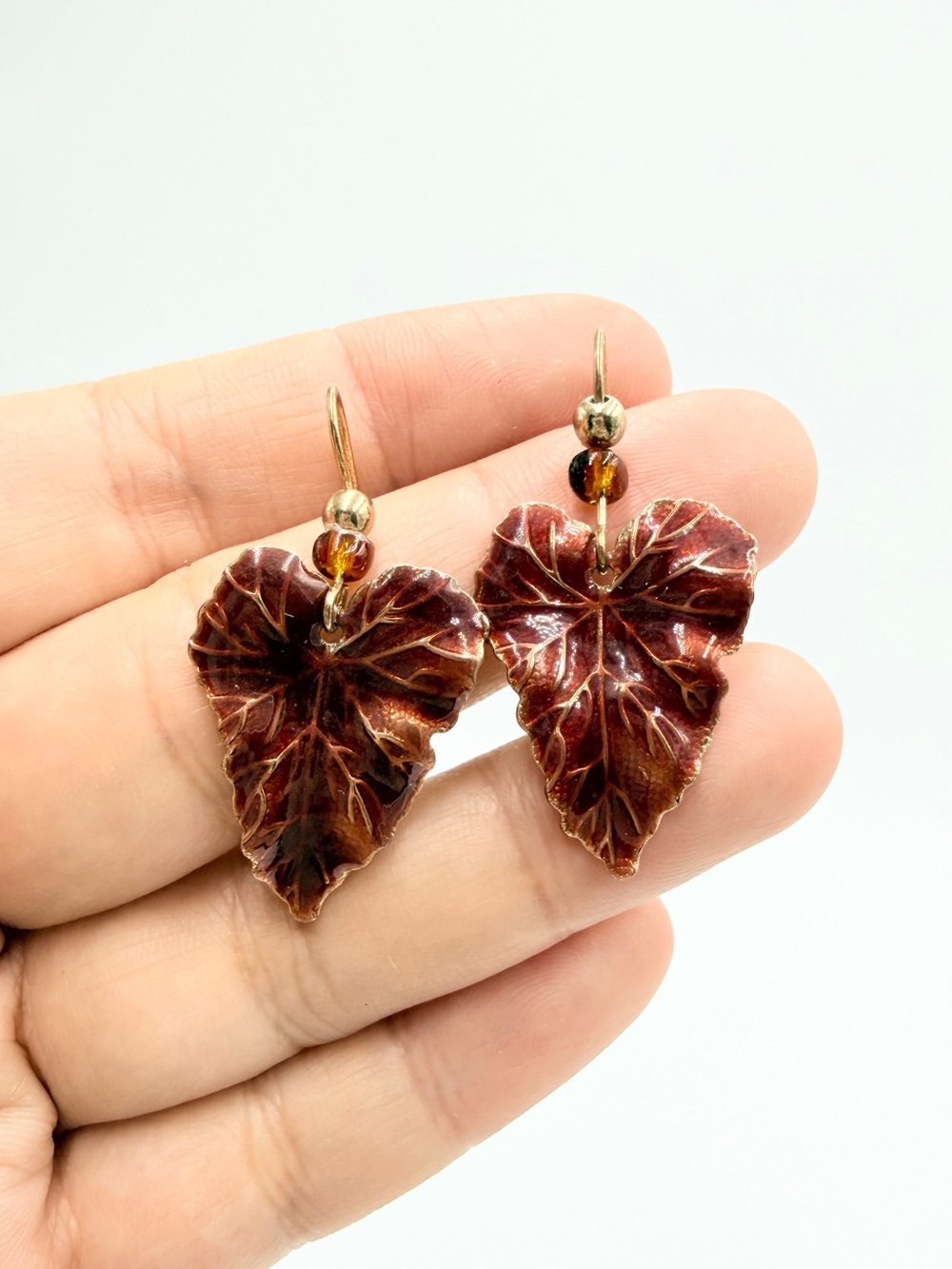 Vintage Enamel Leaf Dangle Earrings Brown Gold Tone Bead Accent